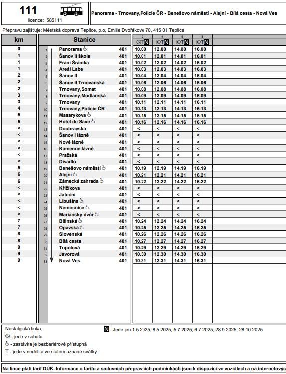 Jízdní řád s historickým vozem na lince 111, 1.5. a 8.5.2025